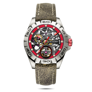 urban skeleton(titanium) 3 hand hi beat(28,800 bph) with 72 hrs power reserve automatic titanium watch | olivegreen leather strap
