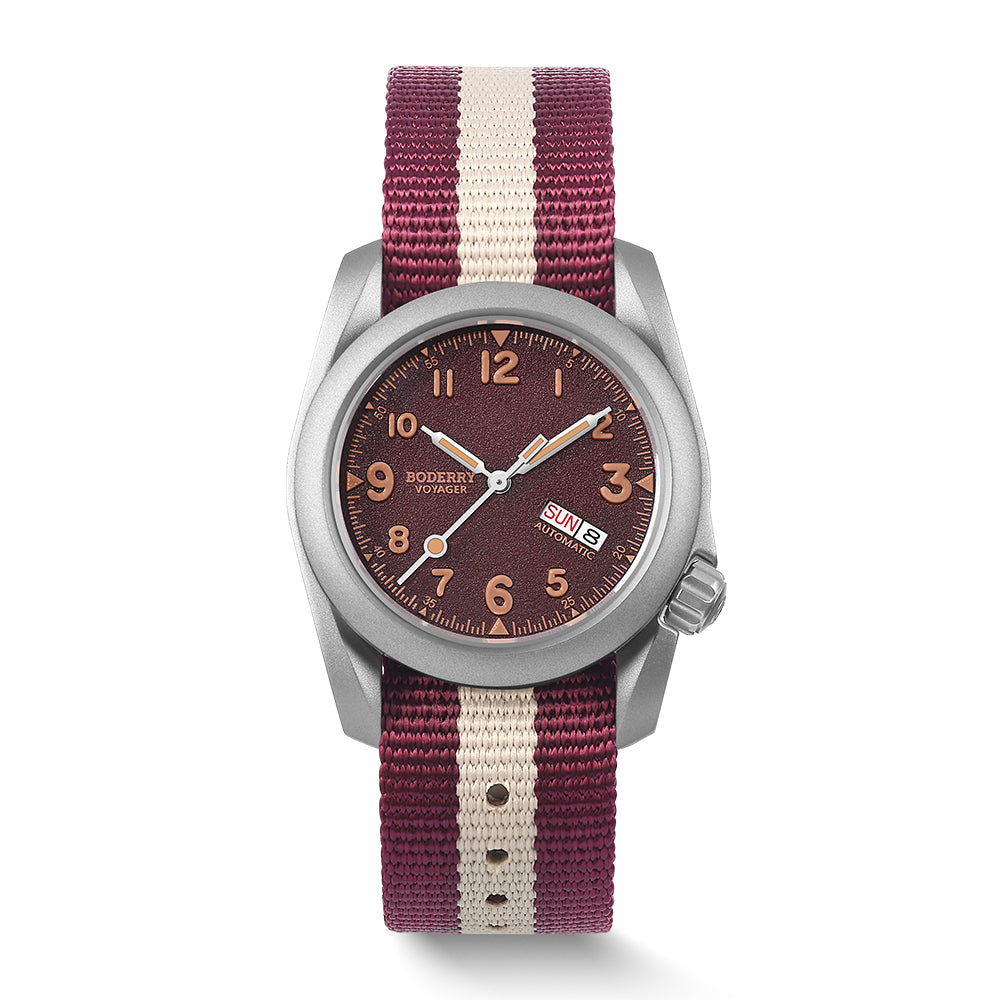 voyager 100m waterproof titanium automatic field watch | claret red day,date voyager 100m waterproof titanium automatic field watch | claret red day,date