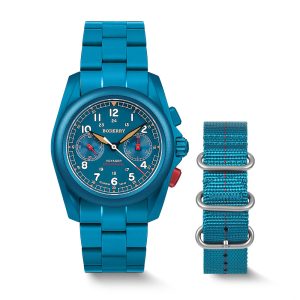 voyager chronograph titanium mechanical field watch, 100m water resistant | cerulean blue/bracelet
