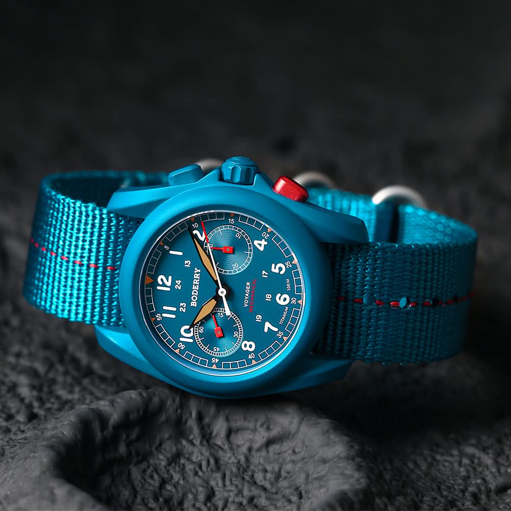 voyager chronograph titanium mechanical field watch, 100m water resistant | cerulean blue voyager chronograph titanium mechanical field watch, 100m water resistant | cerulean blue