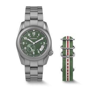 voyager 38 100m waterproof titanium field watch | green bracelet
