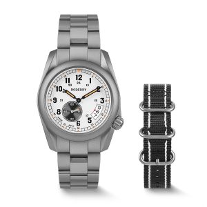 voyager 38 100m waterproof titanium field watch | white bracelet